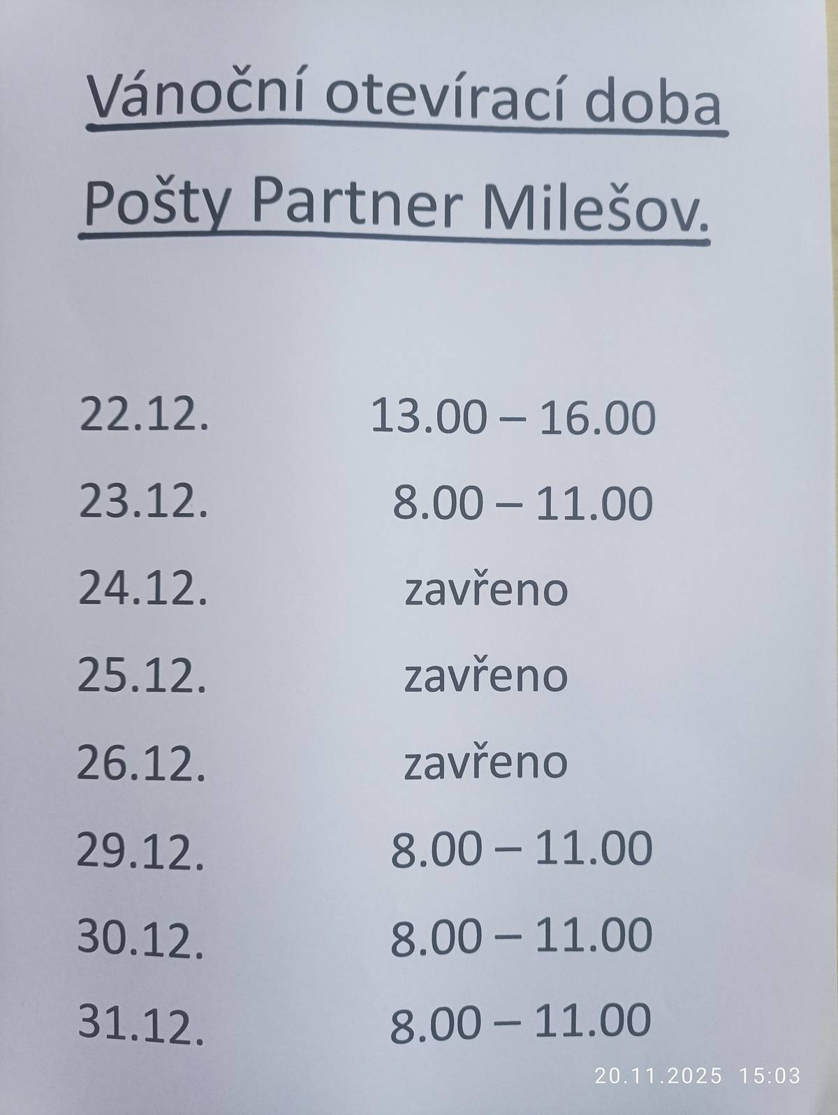 V příloze zasíláme otevírací dobu Pošty Partner o vánocích.