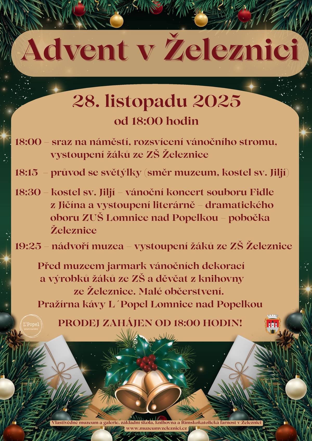 Srdečně vás zveme na tradiční každoroční zahájení adventního období v Železnici, které proběhne v pátek 28. listopadu od 18 hodin.  V programu nechybí rozsvícení vánočního stromu na náměstí, malý jarmark, koncertní a dramatický program v kostele a na nádvoří muzea. Podrobný program naleznete na plakátě v příloze.