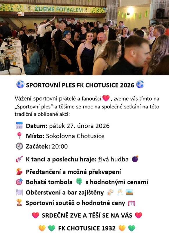 ⚽Pátek 27.února 2026⚽       ⏰od 20:00hod⏰ 💃Sokolovna Chotusice💃 ❤️Srdečně zve a těší se na Vás❤️ 💛💚FK Chotusice💛💚