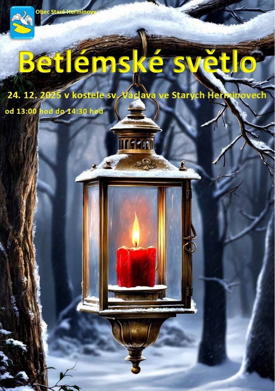 Vážení spoluobčané, Štědrý den se nezadržitelně blíží a právě v tento čas bychom si měli být o něco blíž. Srdečně vás proto zveme na setkání u Betlémského světla, které proběhne 24. prosince 2025 od 13:00 do 14:30 v kostele sv. Václava ve Starých Heřminovech. Přijďte si zapálit světélko pro svůj domov, na chvíli se zastavit, pozdravit se s přáteli a nadechnout se klidu vánočního dne. Poté se všichni rozejdeme za svými nejbližšími, abychom společně prožili ten nejkrásnější večer v roce. Přejeme vám pokojné a požehnané Vánoce. ✨