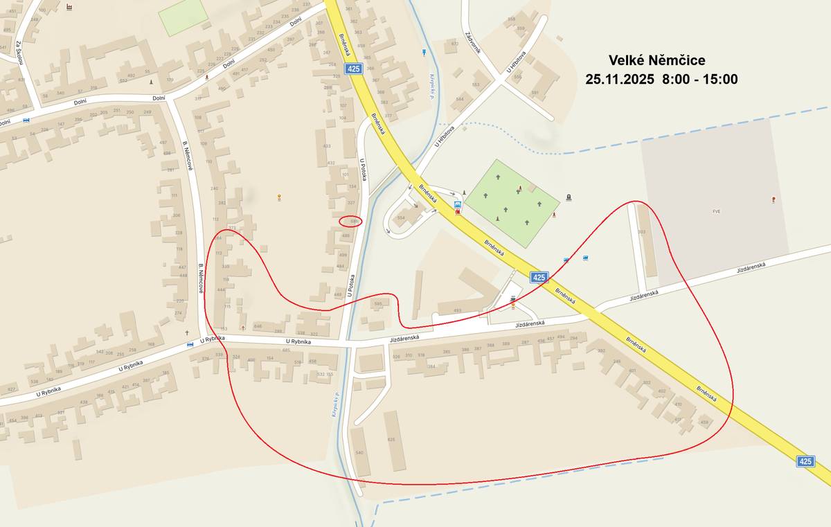 Oznámení o přerušení dodávky elektrické energie  Odstávka číslo: 250509772 Dne 25.11.2025 od 08:00 do 25.11.2025 15:00 Vypnutá oblast: Velké Němčice - B. Němcové pravá strana od č.p. 284 po ul. U rybníka, - Brněnská od Jízdárenské a č.p. 303 po konec obce směr Hustopeče, - Jízdárenská od Brněnské a č.p. 303 po ul. U rybníka mimo č.p. 493, - U potoka č.p. 135 resp. 688, - U rybníka od Jízdárenské po č.p. 324 a B. Němcové