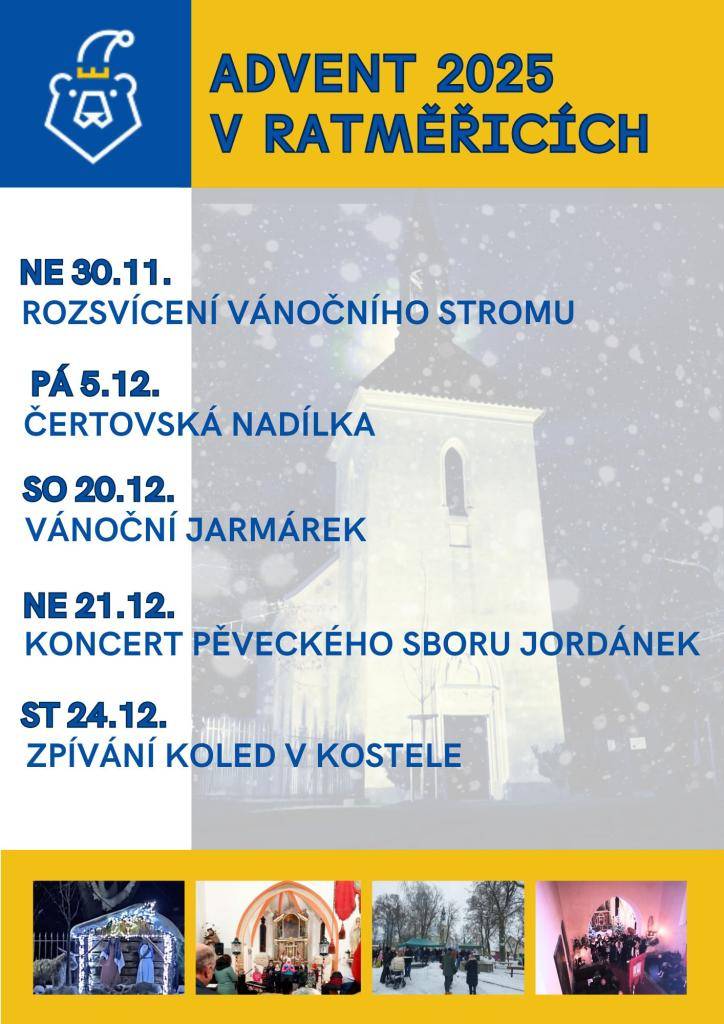 I letos nám v předvánoční čas ratměřické spolky připravily několik příležitostí, při kterých se můžeme společně setkat a vánočně se naladit.  30.11.Rozsvícení vánočního stromu  5.12. Čertovská nadílka  20.12. Jarmark  21.12. Koncert Jordánku  O jednotlivých událostech budeme včas informovat.