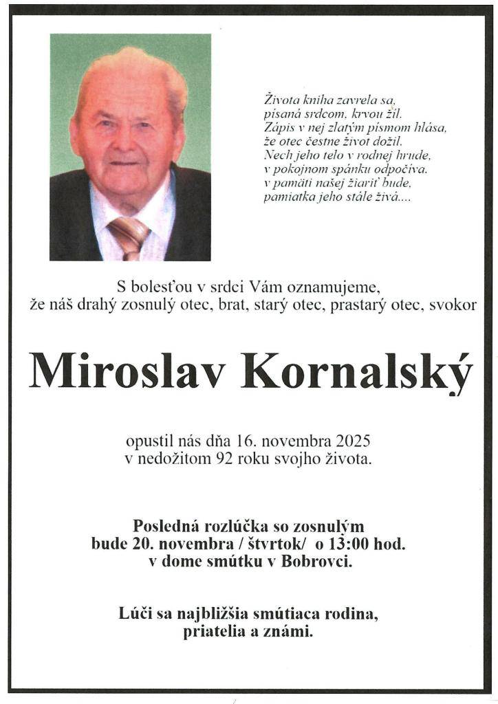 Smútočné oznámenie Miroslav Kornalský