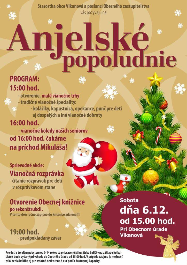 V sobotu 6.12.2025 od 15:00 Vás pozývame k Obecnému úradu Vlkanová na Anjelské popoludnie spojené s príchodom Mikuláša a otvorením Obecnej knižnice po rekonštrukcii.