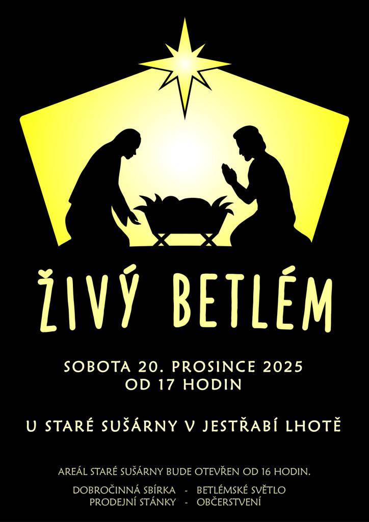 Jestřabí Lhota srdečně zve na Živý betlém, který proběhne 20. prosince 2025 od 17:00 u staré sušárny. Areál se otevře už v 16:00 hodin a návštěvníci se mohou těšit na živé ztvárnění betlémského příběhu, dobročinnou sbírku, betlémské světlo a občerstvení. Přijďte strávit příjemný večer.