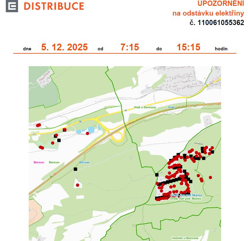 ČEZ informuje: Plánovaná odstávka elektřiny proběhne v místní části Záhrabská (viz mapku) 5.12. od 7:15 do 15:15 hod.