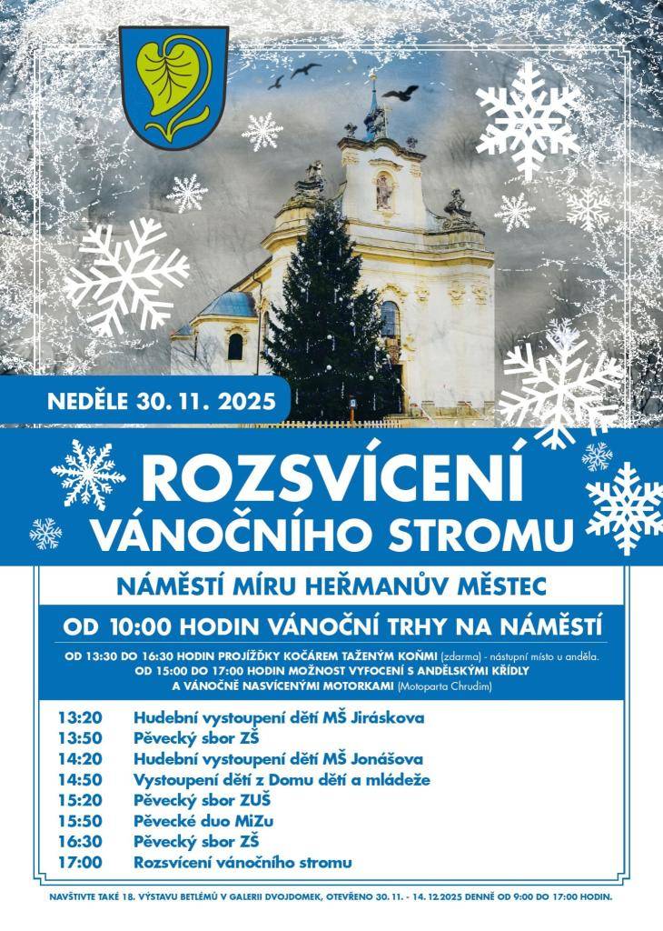 Rozsvícení vánočního stromu v Heřmanově Městci se uskuteční v neděli 30. listopadu 2025 na Náměstí Míru. Od 10 hodin budou probíhat vánoční trhy a během dne se můžete těšit na vystoupení dětí, projížďky kočárem taženým koňmi, focení s andělskými křídly i světelnou show motorkářů.