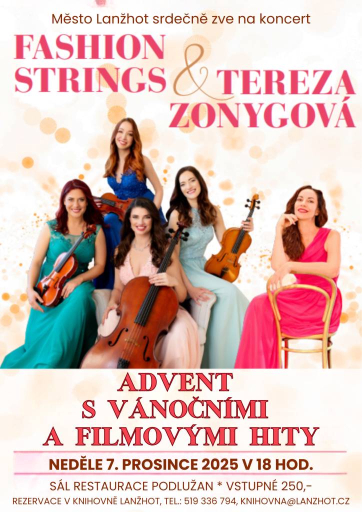 Přijměte srdečné pozvání na adventní koncert Terezy Zonygové a dámského smyčcového kvarteta Fashion Strings. Těšit se můžete na krásné vánoční melodie, které navodí sváteční atmosféru, a také na oblíbené písně ze známých filmů.  Přijďte si užít večer plný hudby, klidu a adventní pohody.