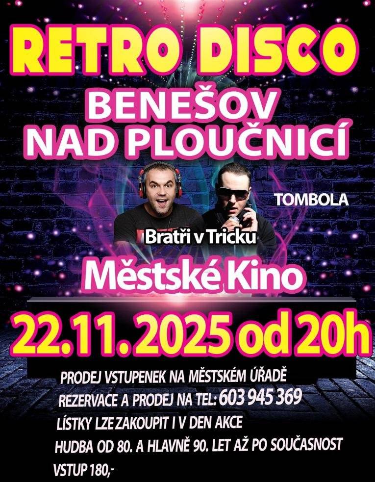 Městské kino sobota 22. listopadu od 20:00 hodin. Začátek  22. 11. 2025 20:00 Místo konání  Městské kino Rezervace na tel.čísle 603 945 369 Lístky lze zakoupit i v den akce Hudba 80. a hlavně 90.let až po současnost Vstup : 180.-kč