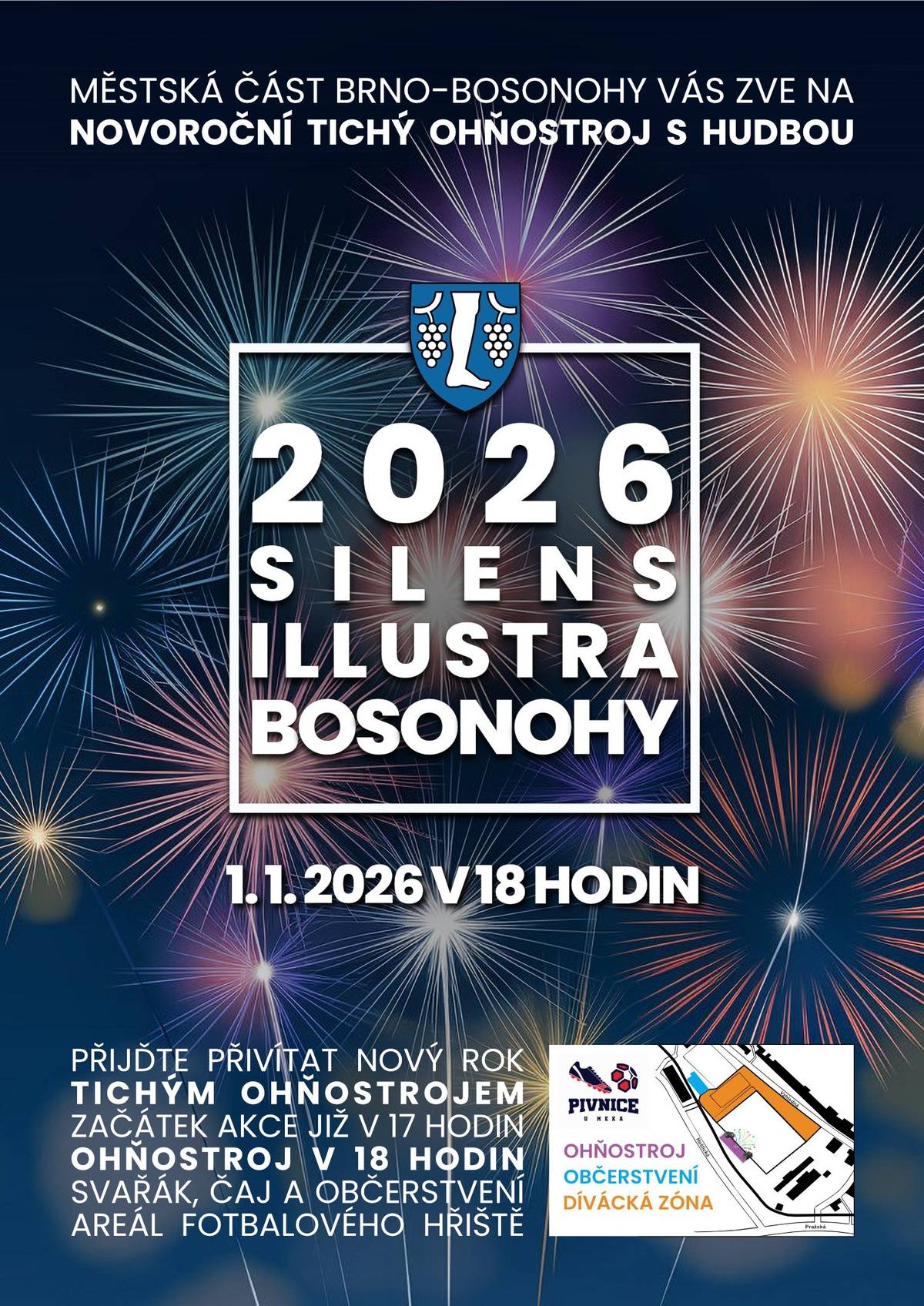 Milí sousedé,  přijďte s námi přivítat Nový rok tichým ohňostrojem ✨ ℹ️ 1.1.2026 v 18:00 hodin ℹ️ areál fotbalového hřiště Těšíme se na setkání s Vámi 🤝