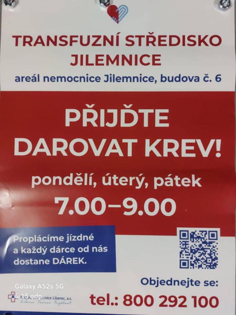 Transfuzní středisko Jilemnice hledá dárce krve.   Každé pondělí, úterý a středu od 7 do 9 hodin.