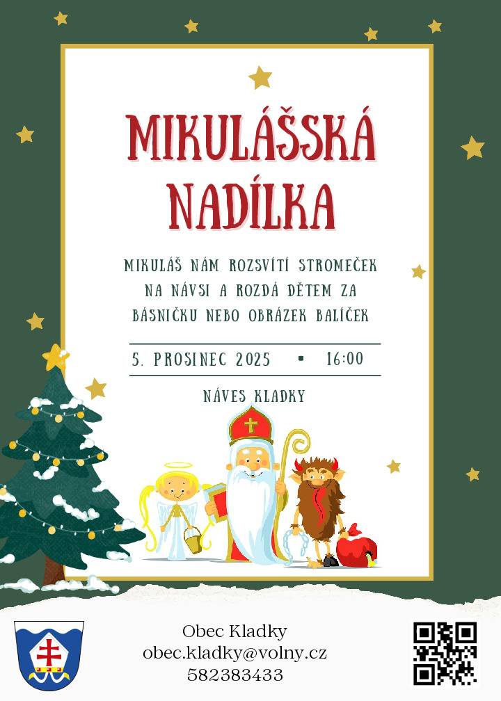 Mikulášská nadílka proběhne 5.12.2025 od 16:00 na návsi v Kladkách