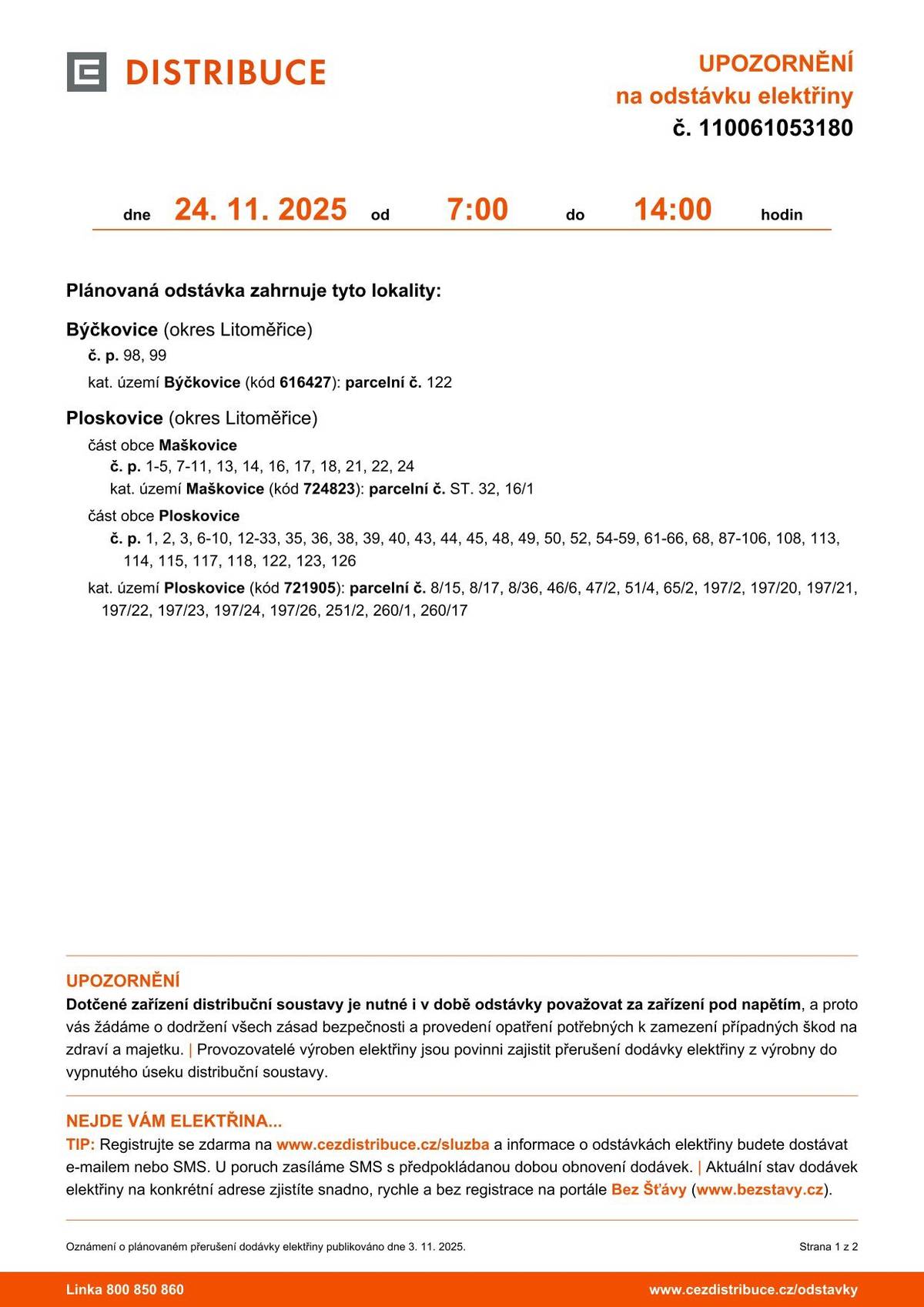 Plánovaná odstávka elektřiny - Maškovice, Ploskovice - 24.11.2025 od 7 do 14 hodin.