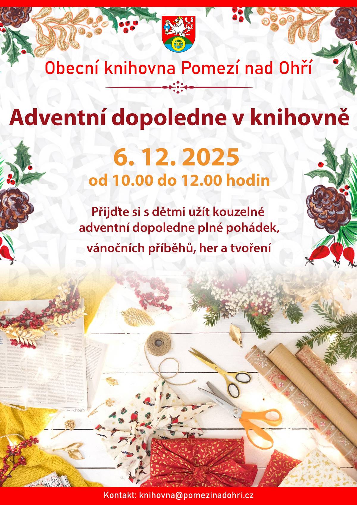 Obecní knihovna Pomezí nad Ohří zve 6. 12. 2025 na dopoledne plné pohádek, vánočních příběhů, her a tvoření.