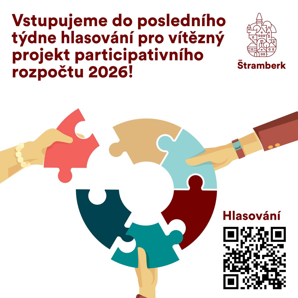 Vážení občané, již pouze do neděle, 30. 11. 2025, máte příležitost přiřadit svůj hlas projektu v rámci participativního rozpočtu 2026.     Odkaz pro hlasování     Všechny projekty si můžete připomenout na webu města: Představení projektů     Děkujeme za váš čas.