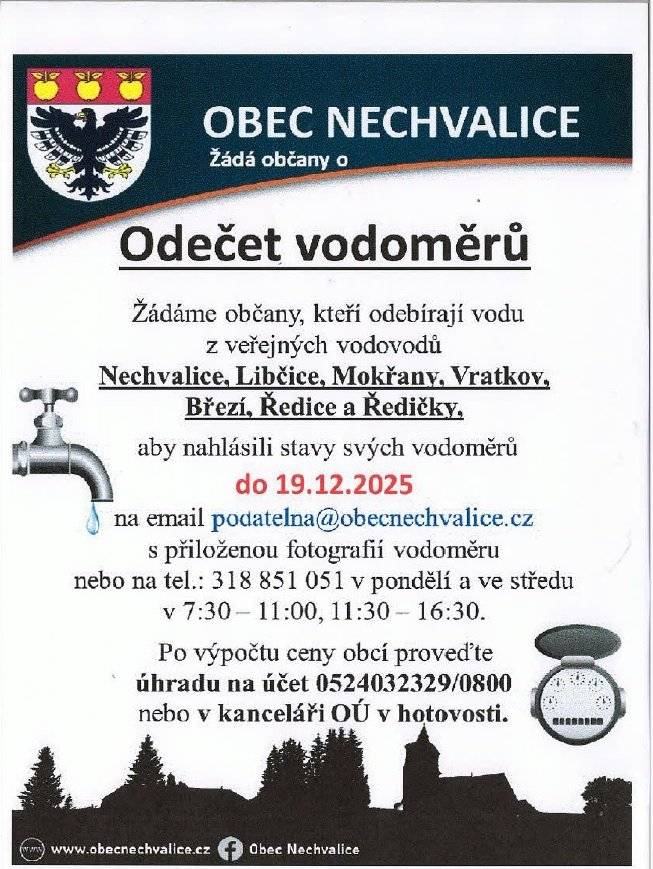 Odečet vodoměrů odběratelů z vodáren obce Nechvalice. Prosíme z důvodu administrace o dodržení termínu.