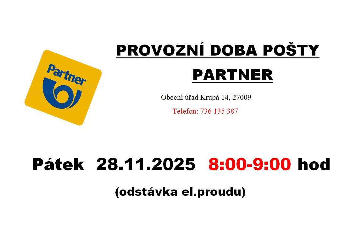 Z důvodu odstávky el. proudu, bude v pátek 28.11.2025  otevřeno jen 8:00-9:00 hod.
