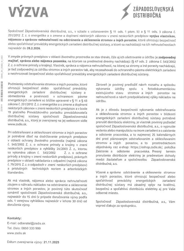Výzva pre vlastníkov nehnuteľností vo veci odstránenia a orezania stromov a iných porastov pre bezpečnosť prevádzky elektrických vedení.