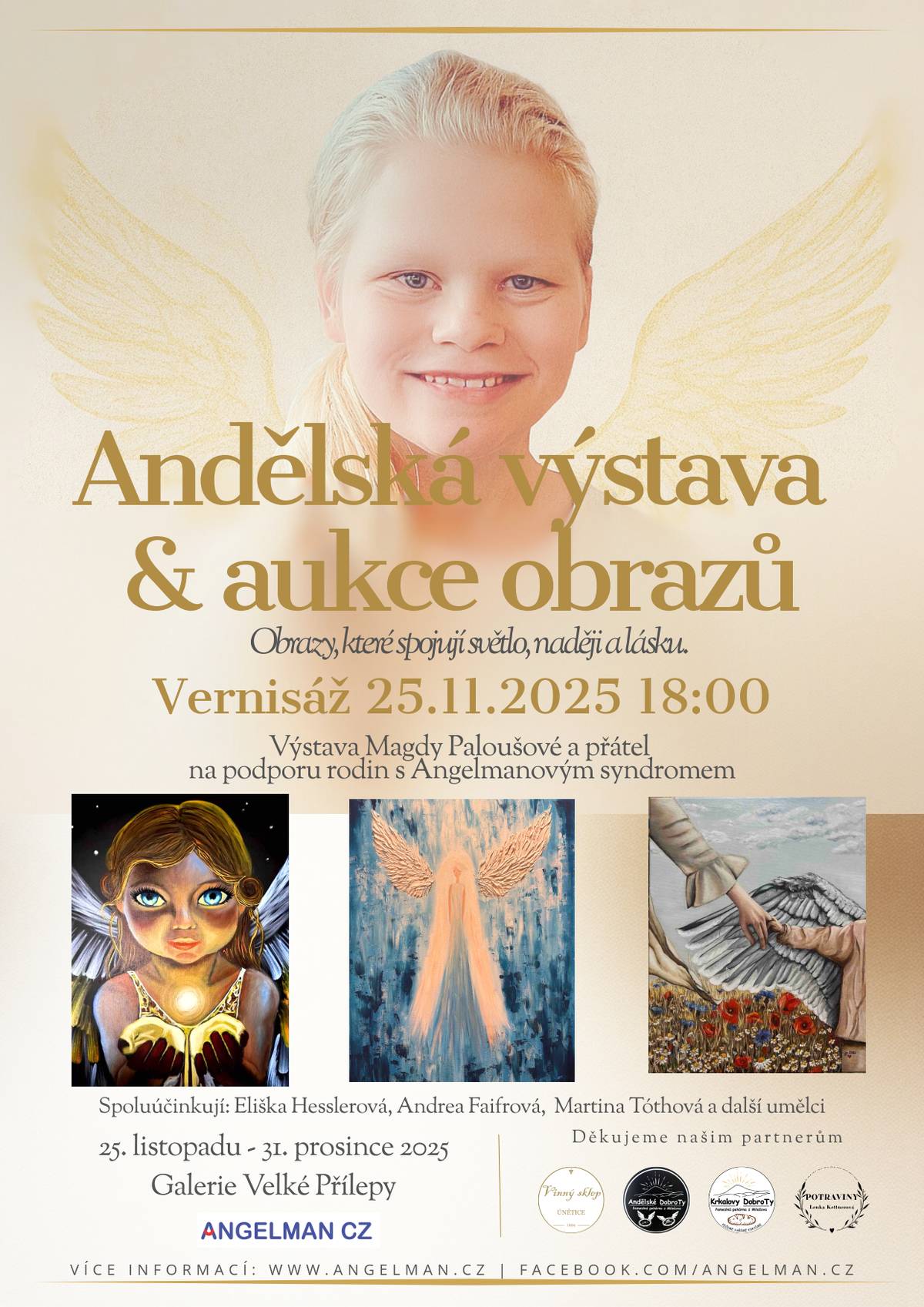 Již dnes v 18:00 startuje vernisáží v Galerii U Korychů Andělská výstava!  Výstava je spojená s dobročinnou aukcí obrazů a výtěžek poputuje na podporu rodin dětí s Angelmanovým syndromem.  Přijďte se podívat, podpořit dobrou věc a užít si krásnou atmosféru. Výstava potrvá do 31.12.2025. Více o problematice nemoci najdete na: www.angelman.cz