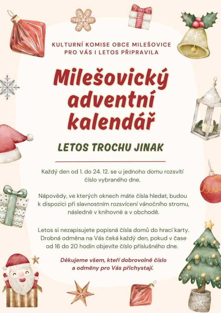 Milešovický adventní kalendář letos trošku jinak.  Každý den od 1. do 24. 12. 2025 se u jednoho domu rozsvítí číslo vybraného dne.