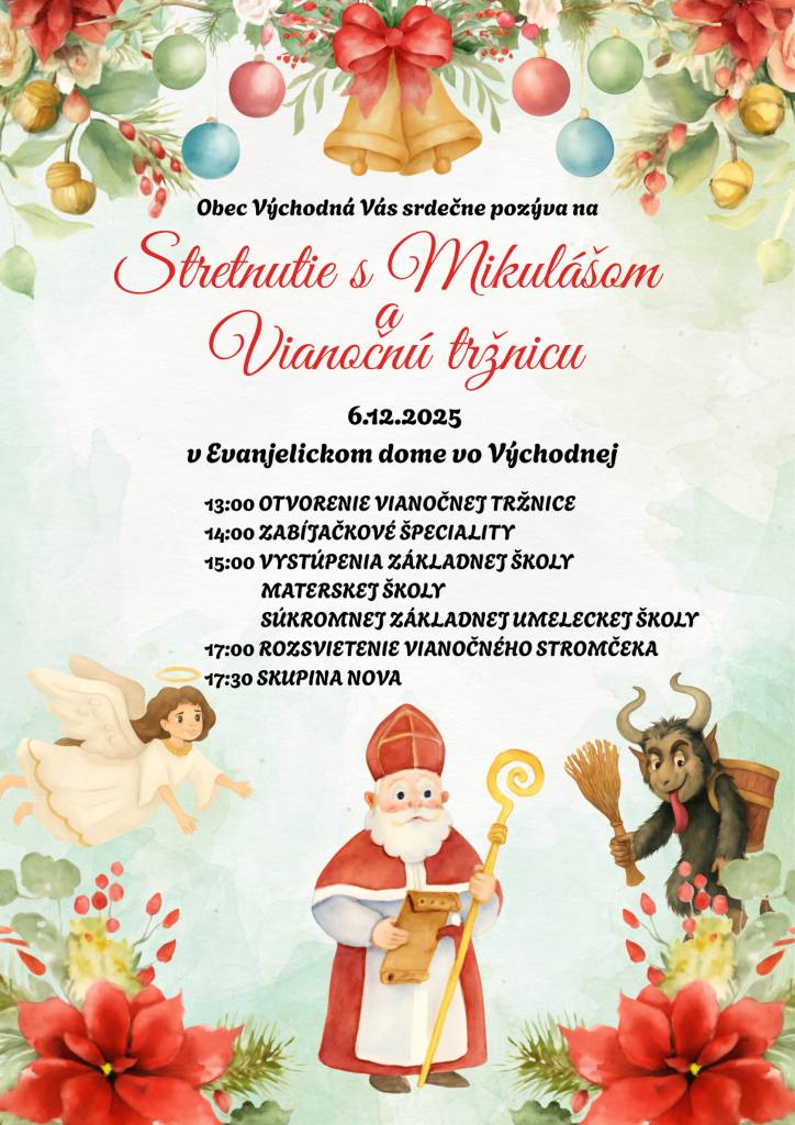 V popoludňajších hodinách v sobotu 6.decembra 2025 sa v Evanjelickom dome uskutoční vianočný program spojený s vianočnou tržnicou a príde i Mikuláš, ktorý po rozsvietení vianočného stromčeka, bude rozdávať darčeky. Pre všetkých bude pripravené pohostenie a k dobrej nálade im zahrá skupina Nova.