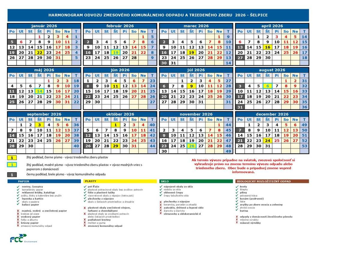 Harmonogram odvozu odpadu 2026