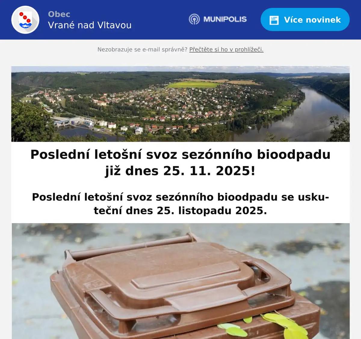 Poslední letošní svoz sezónního bioodpadu se uskuteční dnes 25. listopadu 2025.