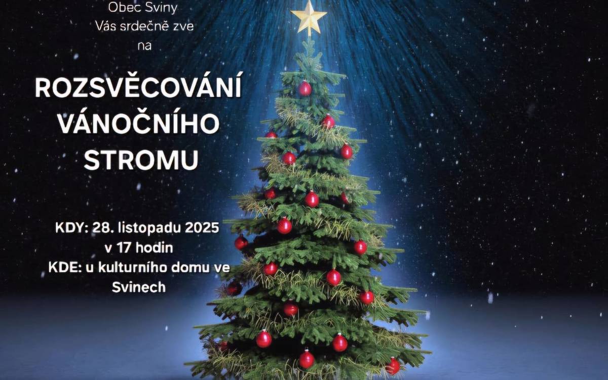 Dobrý den, obec Sviny Vás srdečně zve na rozsvěcování vánočního stromu, které se koná v pátek 28. listopadu 2025 od 17:00 hodin u kulturního domu ve Svinech. Pojďme si společně zaspívat koledy a nasát Vánoční atmosféru. Občerstvení zajištěno. Obec Sviny
