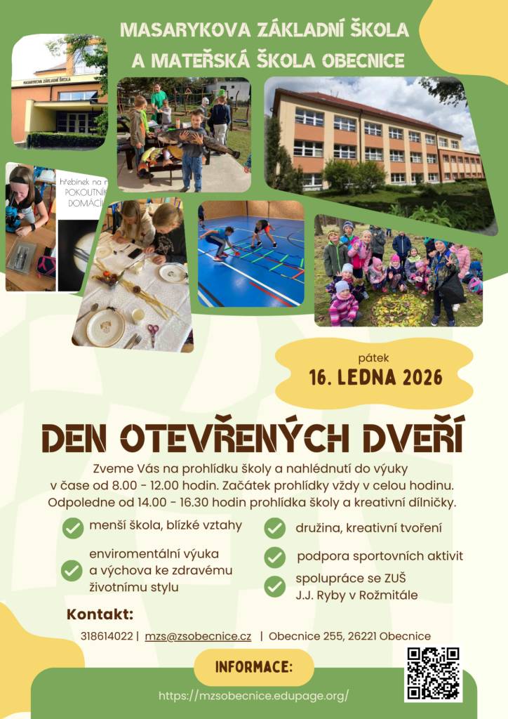 Masarykova základní škola a mateřská škola Obecnice zve všechny zájemce na Den otevřených dveří, který se uskuteční v pátek 16. ledna 2026.