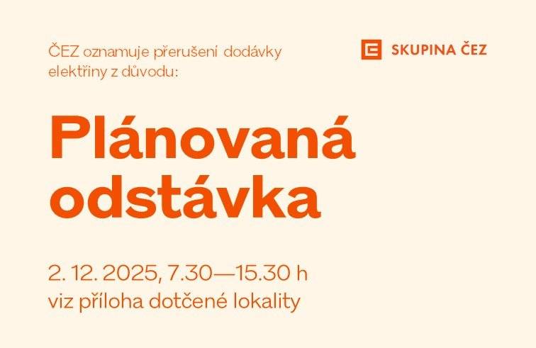 ČEZ distribuce upozorňuje odběratele na odstávku elektřiny č. 110061059501 dne 2. 12. 2025 od 7:30 do 15:30 hodin Plánovaná odstávka zahrnuje tyto lokality: Dvořákova: č. o. 1-14, 16, 17, 18, 20 Fibichova: č. o. 2-8, 10 Mánesova: č. o. 3 Smetanova: č. o. 2, 4, 6, 8, 10, 12, 14, 16, 18 Sukova: č. o. 1-6, 8, 10 Škroupova: č. o. 1-8, 10, 12, 16 Teplická: č. o. 13, 23, 25, 27, 29, 31, 33-37, 39, 39, 41, 43, 44, 45, 47, 49, 51, 52, 54, 55, 56, 57; č. p. 1128 kat. území Lovosice (kód 687707): parcelní č. 190/2, 191/3, 191/4, 191/6, 191/7, 2216/16, 2216/20, 2216/21, 2226/3, 2226/11, 2254/2 Podrobnosti a mapa dotčených objektů https://www.meulovo.cz/odstavka-elektriny-2-12-2025