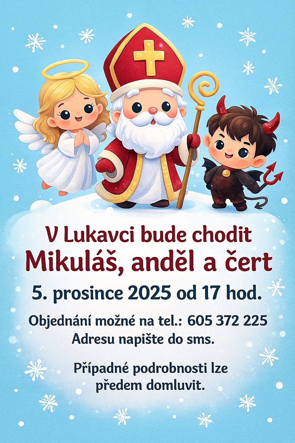 V Lukavci bude 5.12. 2025 chodit Mikuláš, anděl a čert od 17 hodin.