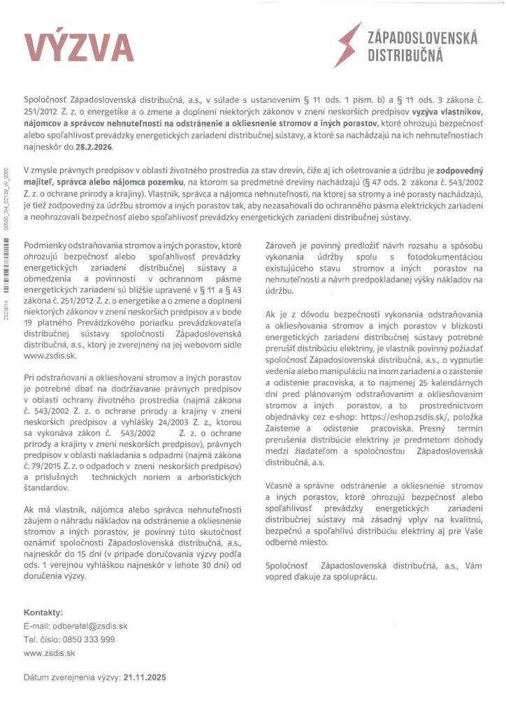 Výzva na odstránenie a okliesnenie stromov a iných porastov