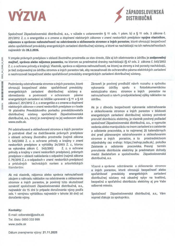Výzva Západoslovenskej distribučnej na odstránenie a okliesnenie stromov a iných porastov