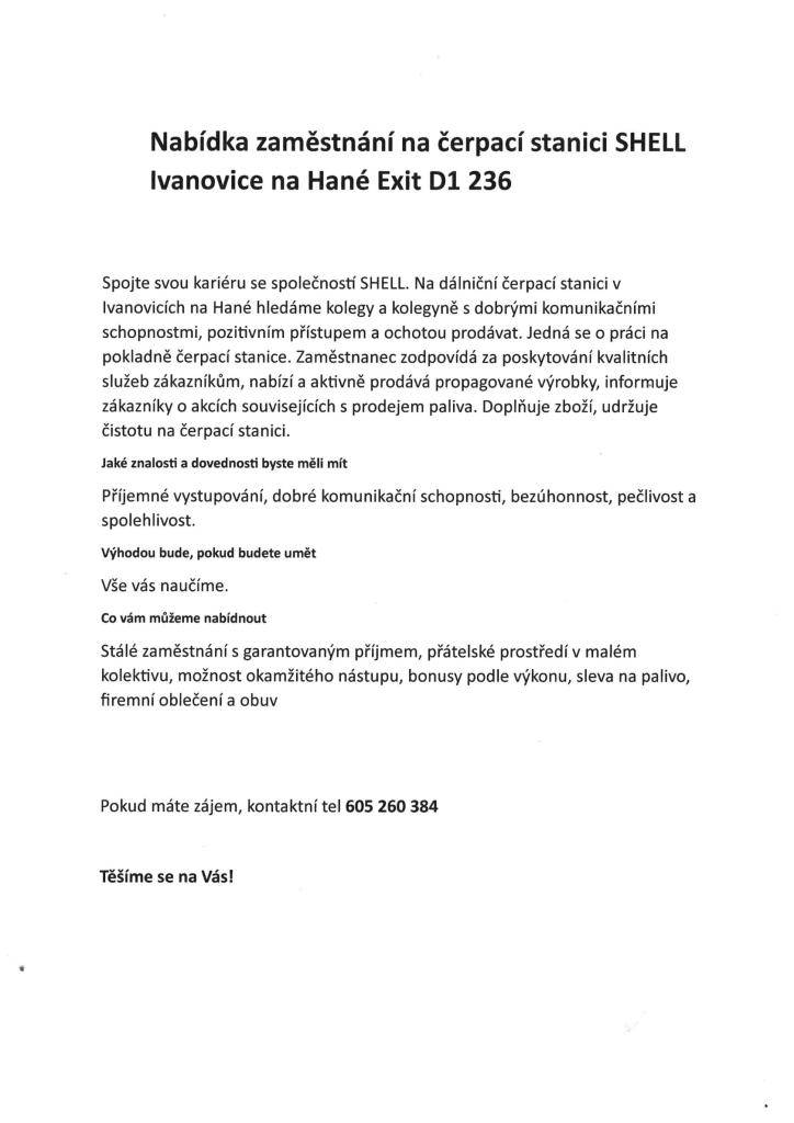 Čerpací stanice SHELL Ivanovice na Hané.