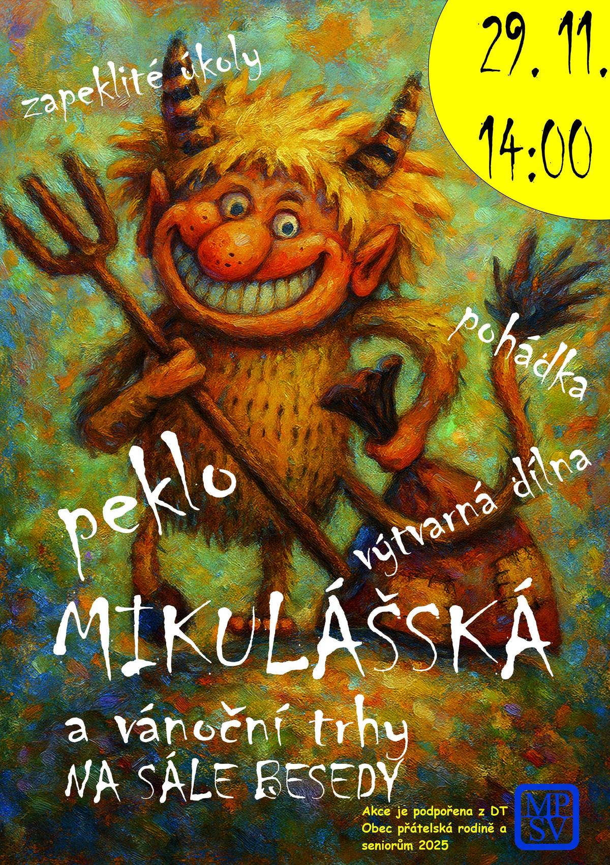 Připomínám, že se na Vás těšíme ve 14:00, kdy začne pohádka pro děti Nevěsta bílého medvěda divadla Kordula. Začínáme přesně ve 14:00, přijďte včas! Trhy: prodejci, hlaste se paní Zuzce Uhrinové: mikiova.zu@gmail.com. Počet stolů je omezen! Vánoční stromeček budeme rozsvěcet přesně v 17:00. Svařák a horké jablíčko zdarma. Společně si zazpíváme koledy a popřejeme si krásný advent. Těšíme se na Vás! Za všechny organizátory Jana, Jířa, Zuzka, Iva a Daniela