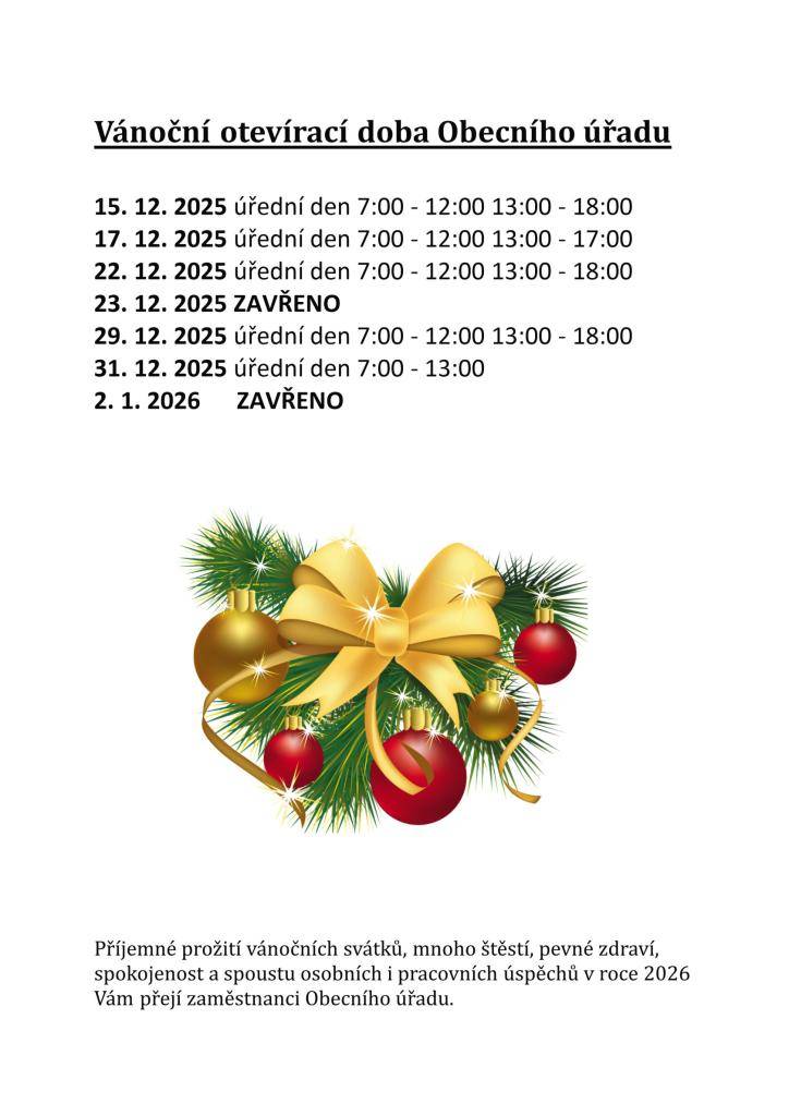 Obec Vranovice upozorňuje na upravenou otevírací dobu ke konci roku 2025.