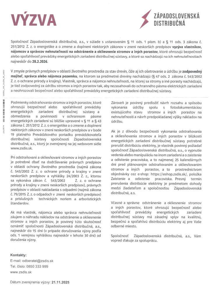 Výzva na odstránenie a orezanie stromov a iných porastov