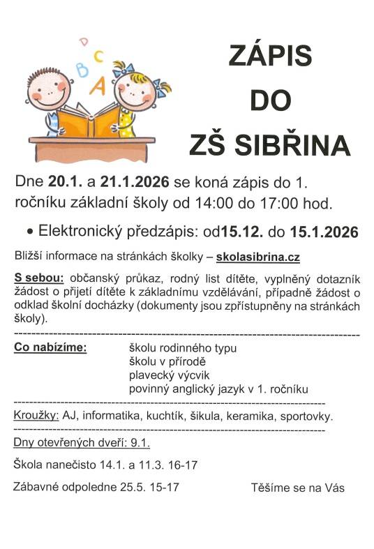 Zápis do 1. třídy a přípravné třídy proběhně 20. a 21.1.2026 od 14:00  do 17:00