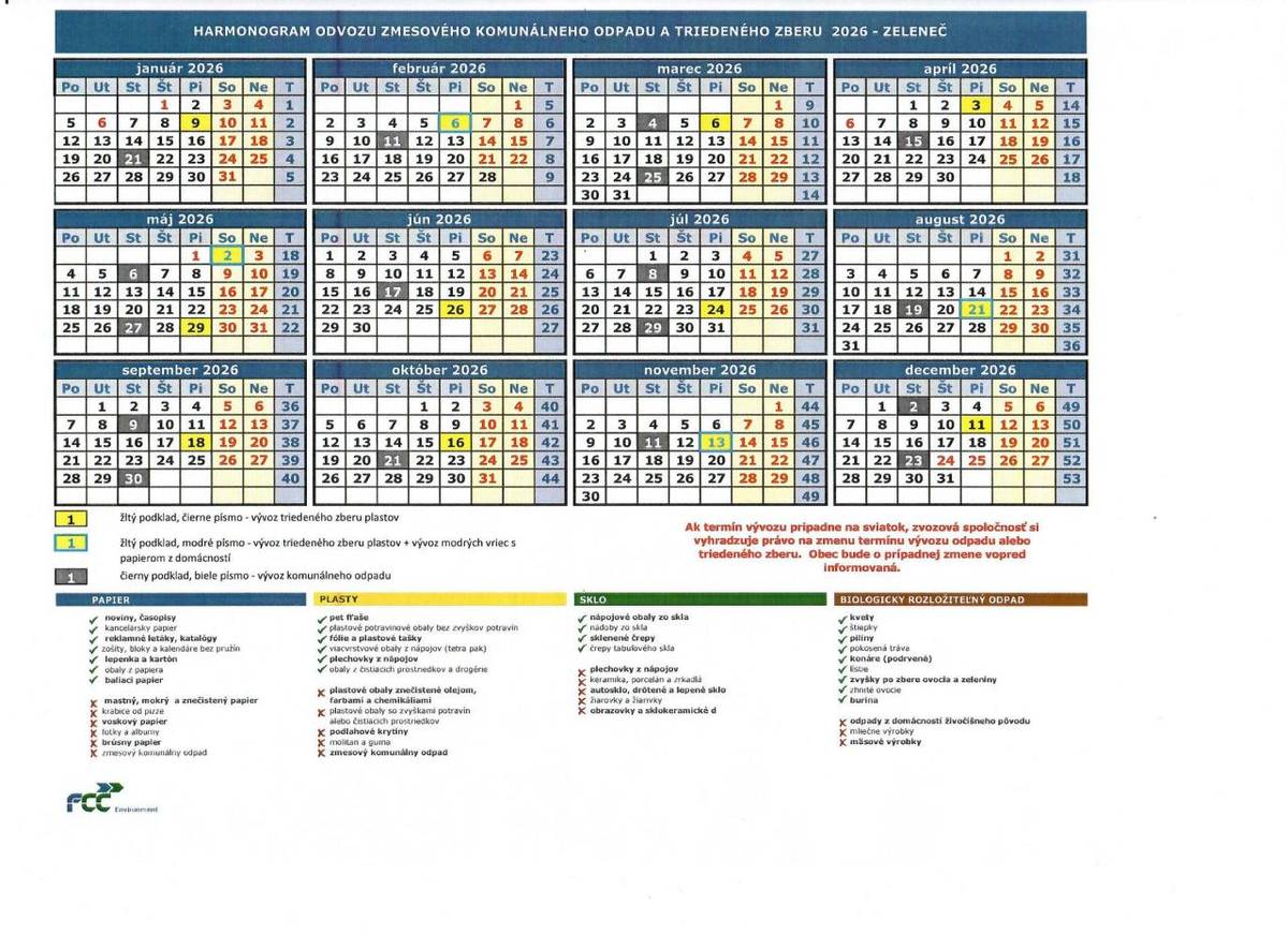 Harmonogram odvozu zmesového komunálneho odpadu a triedeného zberu 2026