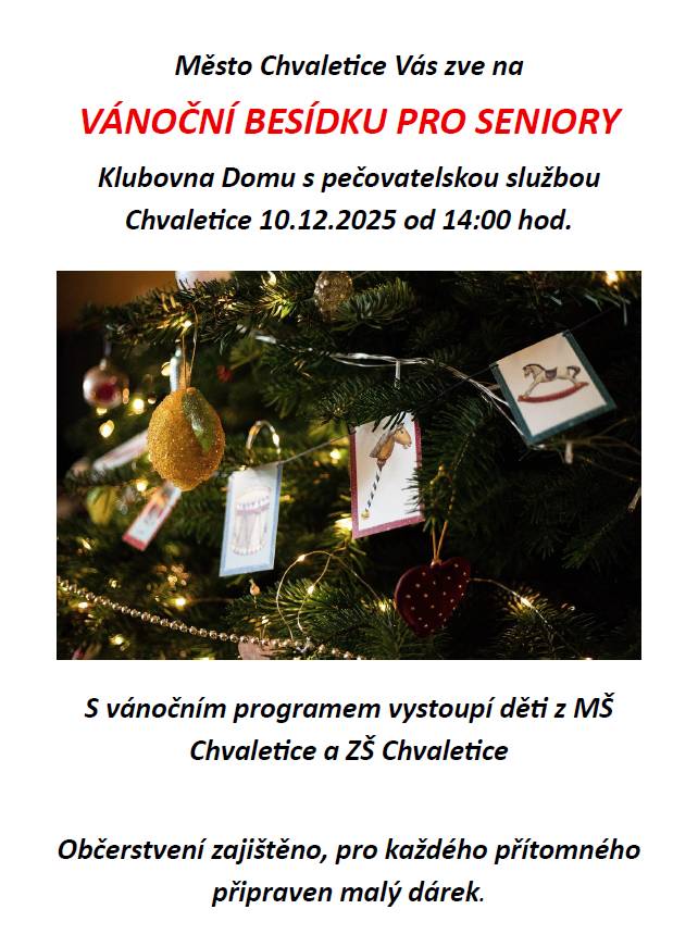 Vánoční besídka pro seniory ve středu 10.12.2025 od 14 hodin v klubovně DPS.