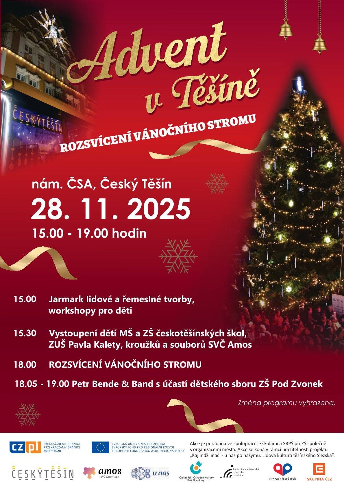 Přijďte s námi přivítat advent a rozsvítit vánoční strom na náměstí ČSA! Už tento pátek 28. 11. 2025 od 15.00 do 19.00 pro vás chystáme odpoledne plné předvánoční atmosféry. ✨ Na co se můžete těšit? • Vánoční jarmark • Tvořivé dílny • Vystoupení dětí z MŠ, ZŠ, ZUŠ a SVČ Amos • V 18.00 společné rozsvícení vánočního stromu • Koncert Petr Bende & Band a dětského sboru ZŠ Pod Zvonek Přijďte si užít kouzelné chvíle v centru města – těšíme se na vás! 🎄✨