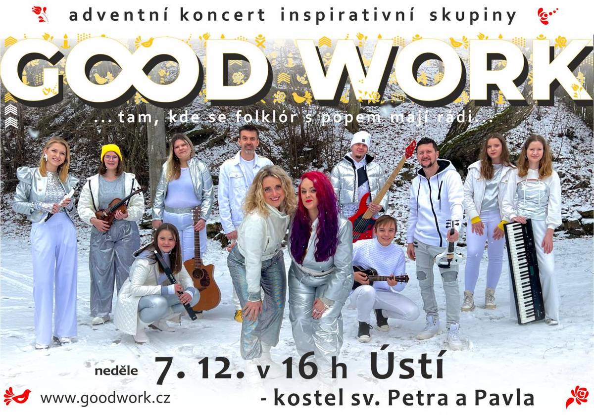 Kulturní komise Vás zve v neděli 7. prosince 2025 v 16:00 hodin do kostela sv. Petra a Pavla v Ústí na adventní koncert pop gospelové skupiny GOOD WORK. Vstupné 100 Kč, koncert se koná za finanční podpory obce Ústí.