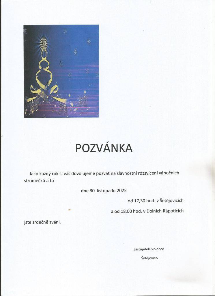 Každoroční slavnostní rozsvícení vánočních stromků v Šetějovicích a Dolních Rápoticích 30. listopadu 2025