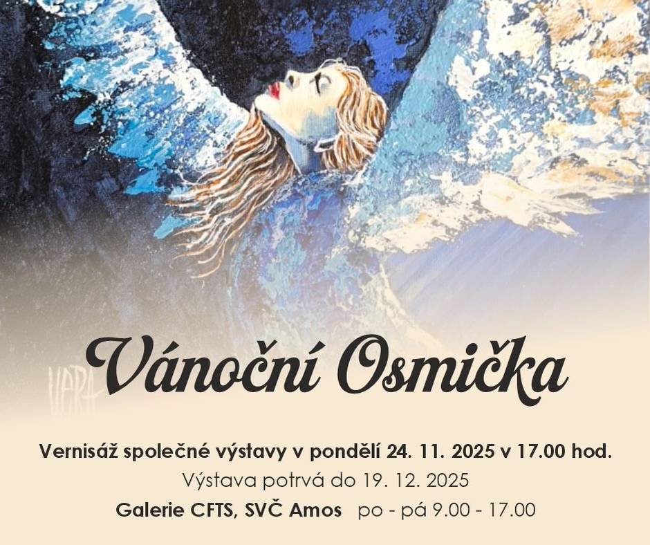 SVČ Amos srdečně zve na výstavu výtvarné skupiny Osmička, kterou tvoří osm tvůrců: Věra Czudková, Józef Drong, Česlav Filipiak, Ilona Fryda, Jana Galášová, Eva Joklová, Dagmar Kapustková, Czesław Mendrek a Alena Saparová.  Přijďte se naladit na vánoční atmosféru a potěšit se pohledem na originální tvorbu místních umělců.  Vernisáž / 24. 11. 2025 / 17.00 hodin / Galerie CFTS, SVČ Amos  Výstava potrvá do 19. 12. 2025 Těšíme se na vaši návštěvu!