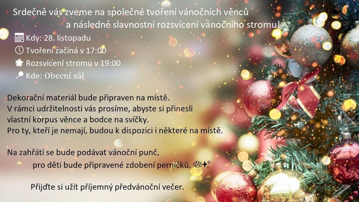 Pozvánka na vánoční tvoření a rozsvícení vánočního stromku dne 28.11.2025 v 17 hod.