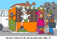 V zimě u stánku prodává sněhulák