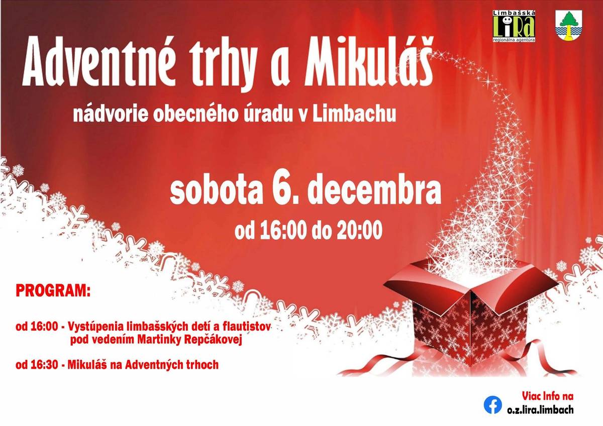 Srdečne vás pozývame v sobotu 6. 12. 2025 od 16:00 na čarovný adventný večer plný hudby, svetielok a sviatočnej atmosféry! Pripravili sme pre vás: •  Vystúpenia detí zo školy Greenwill a flautistov pod vedením Martinky Repčákovej •  Stretnutie s Mikulášom a jeho družinou – sladká aj zdravá odmena pre všetky poslušné deti a prekvapenie •  Slávnostné zasvietenie obecného vianočného stromčeka •  Stánky s remeselnými výrobkami našich obyvateľov •  Punč, nealko, víno, kapustnica, lokše a sladké dobroty pod zub aj na vianočný stôl Príďte sa spolu s nami naladiť na najkrajšie obdobie roka.  Tešíme sa na vás! o.z. Lira a Obec Limbach