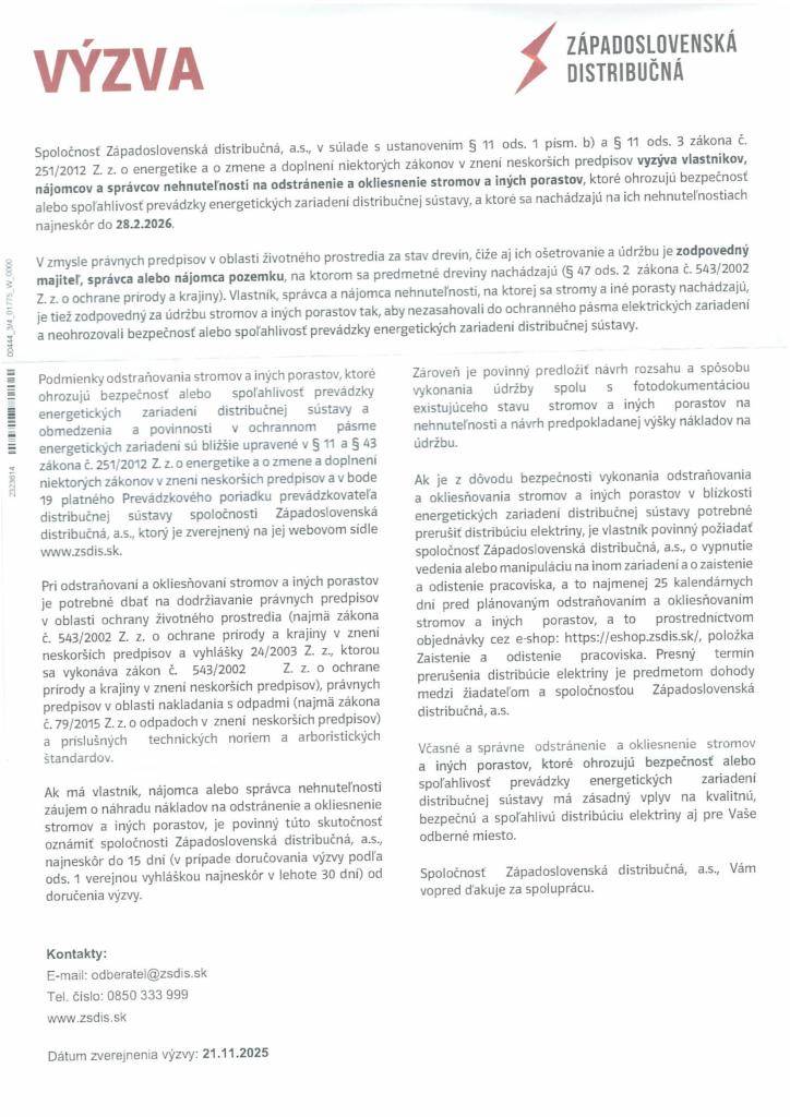Výzva Západoslovenskej distribučnej a.s. pre vlastníkov, nájomcov a správcov nehnuteľností na odstránenie a okliesnenie stromov a iných porastov
