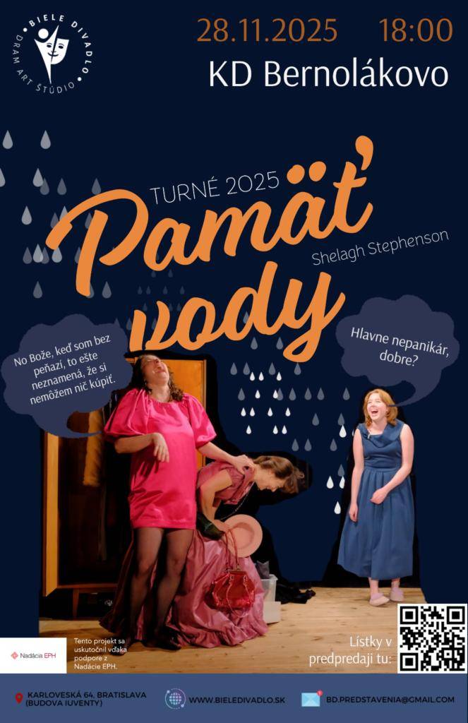 V piatok 28.11.2025 (18:00) prinášam do DK Bernolákovo úspešnú komédiu "Pamäť vody"  Bežná cena lístka je v prepdredaji 9,-€