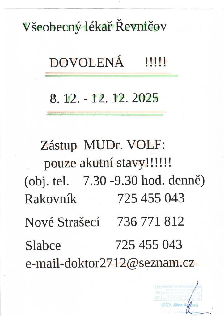 Dovolená praktického lékaře 8.12. - 12.12.